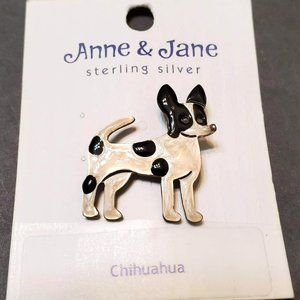 Vintage Sterling Silver Dog Brooch, Signed AJH Anne & Jane, Enamel Chihuahua Pin